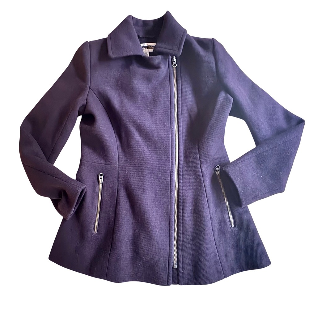 Vtg KRISTEN BLAKE‎ Purple Wool Blend Coat Moto Jacket Asymmetrical Y2K Sz MEDIUM